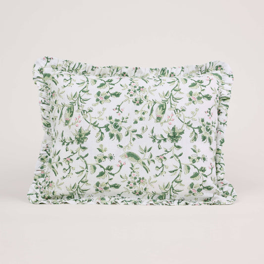 Green Robin & Peony Block Printed Ruffled Cushion