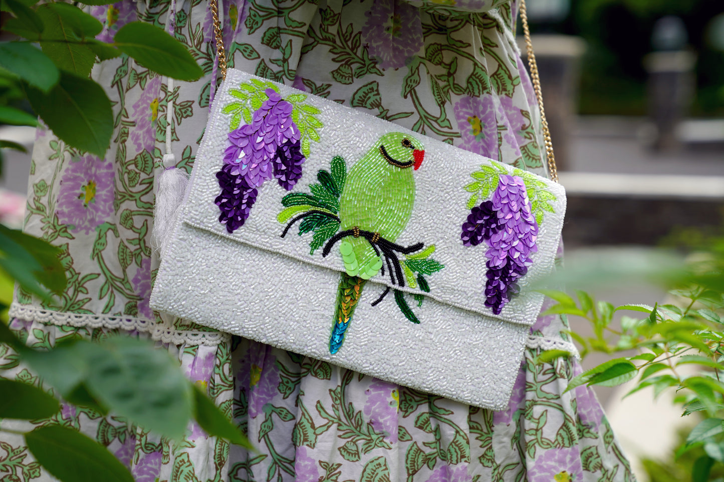 Parakeet & Wisteria London Beaded Clutch Bag