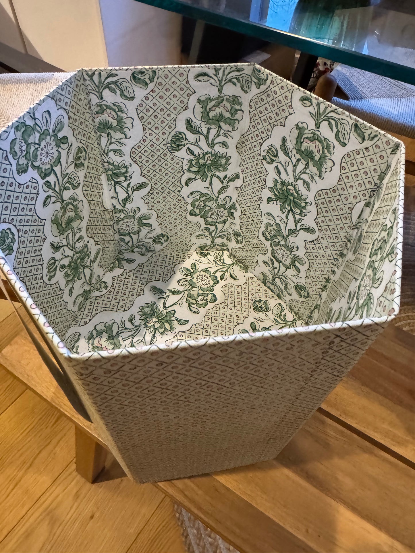 Green and Pink Block Printed Hexagonal Collapsible Basket - LAST FEW!