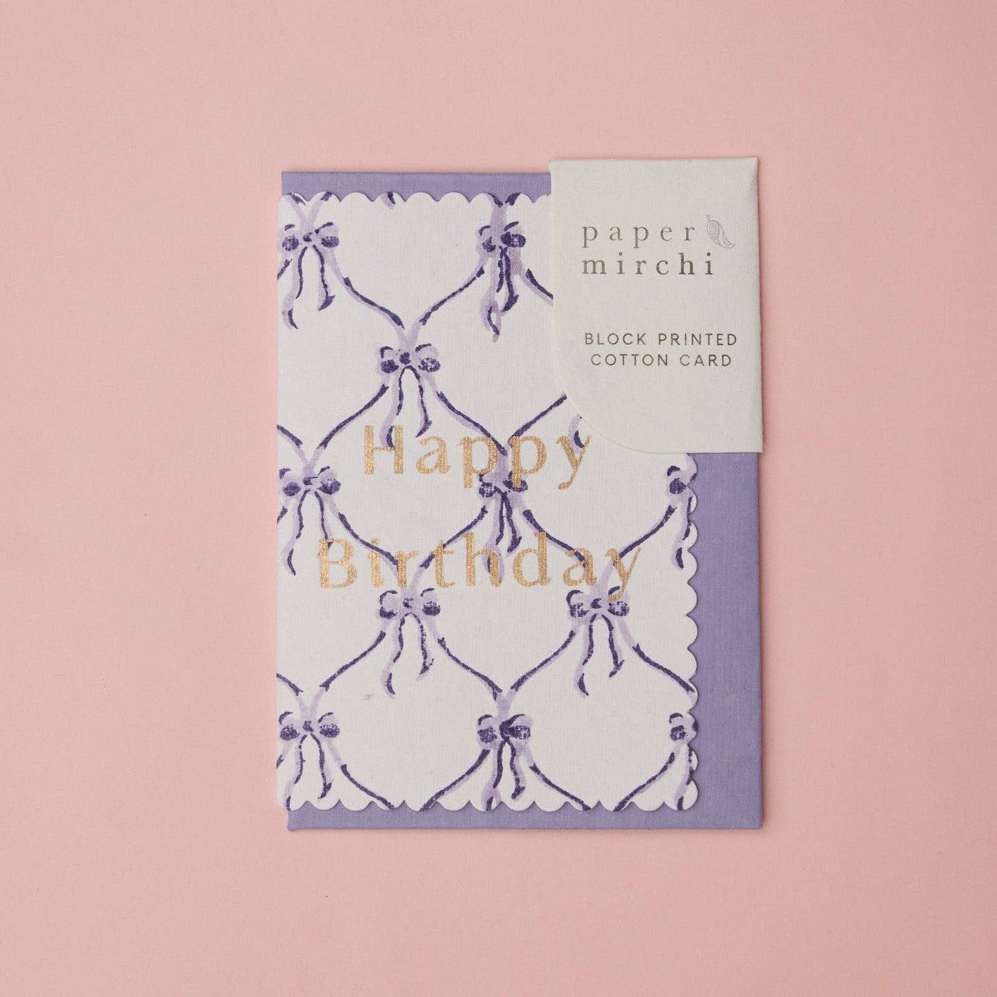Block Printed "Happy Birthday" Bow Card - Bows Violet Meringue