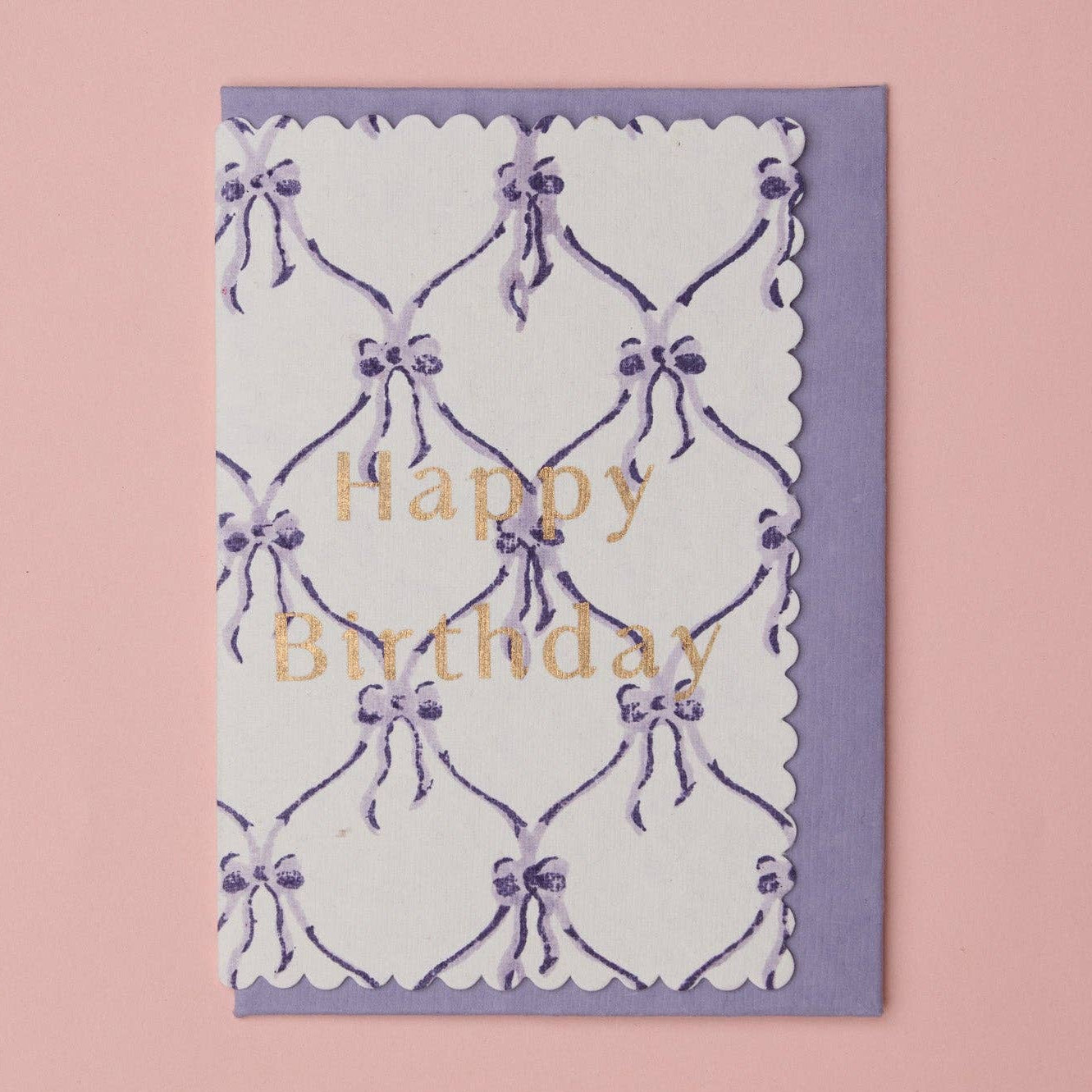 Block Printed "Happy Birthday" Bow Card - Bows Violet Meringue