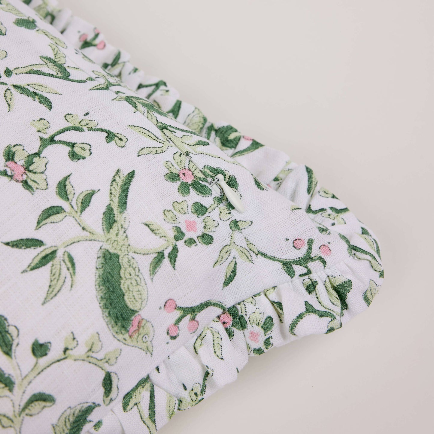 Green Robin & Peony Block Printed Ruffled Cushion