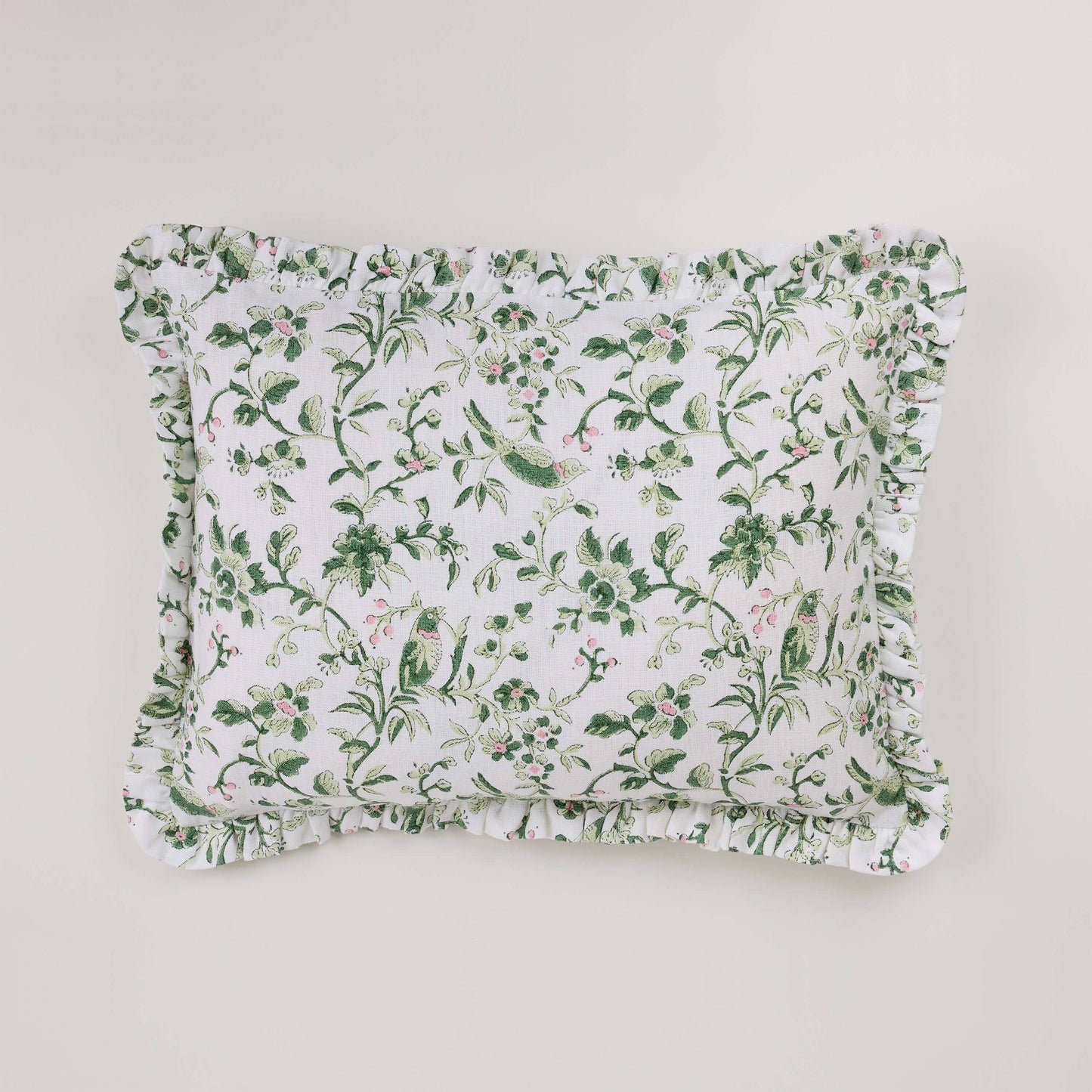 Green Robin & Peony Block Printed Ruffled Cushion