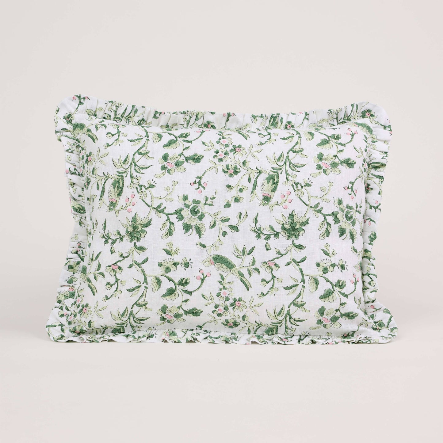 Green Robin & Peony Block Printed Ruffled Cushion