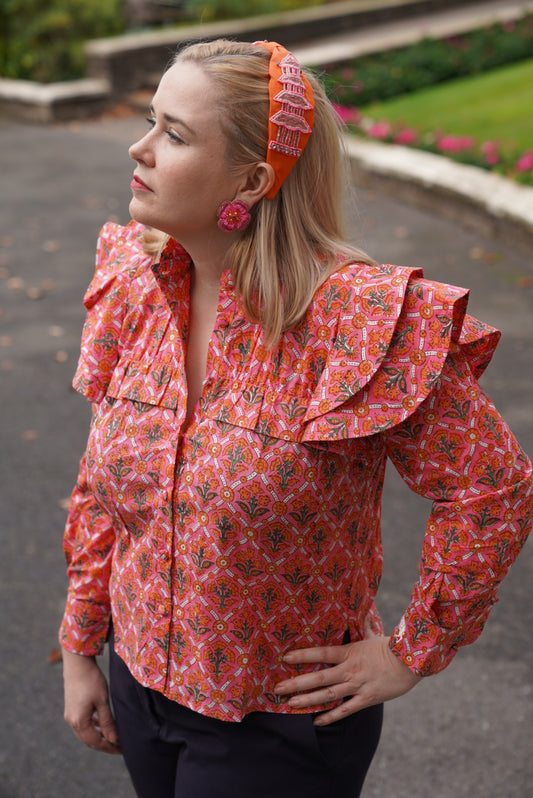 Sophia Ruffle Blouse in Pink Trellis