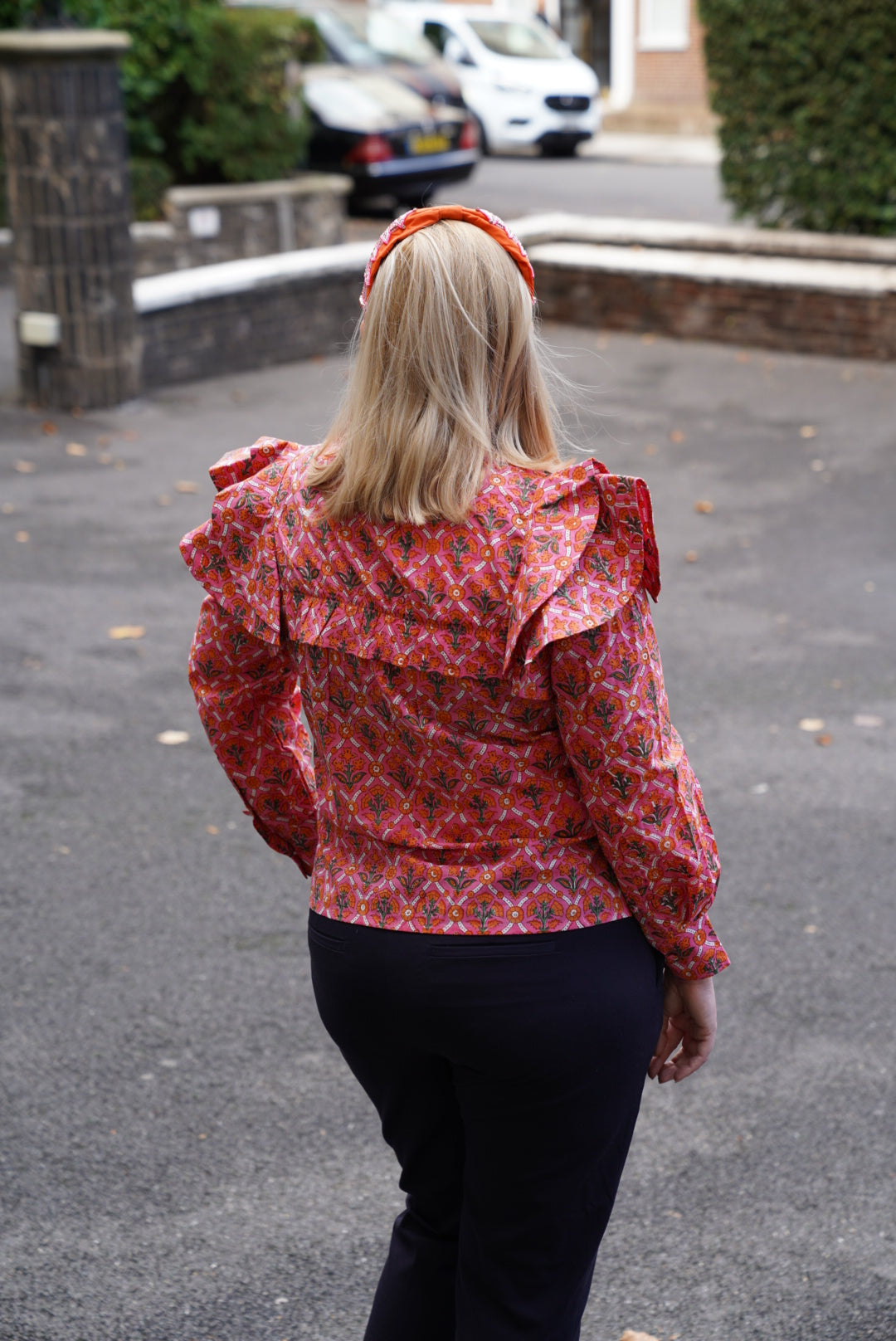 Sophia Ruffle Blouse in Pink Trellis