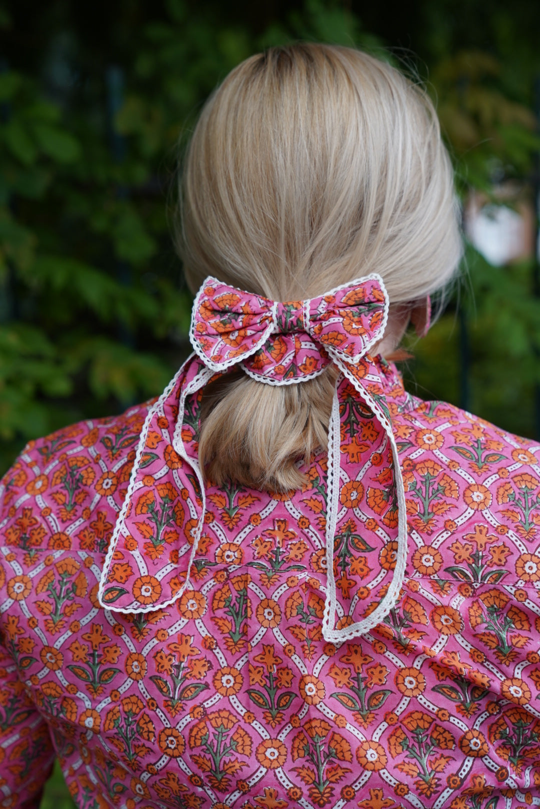 Rani Bow Scrunchie in Pink Trellis