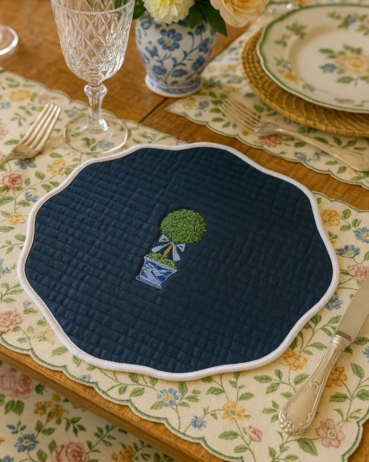 Sample Embroidered Round Quilted Chinoiserie Topiary Placemat - 1 LEFT