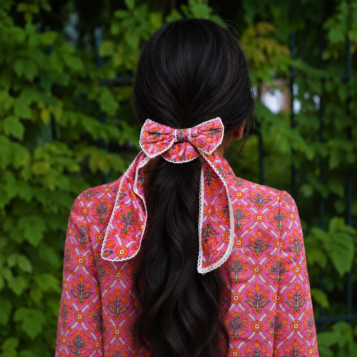 Rani Bow Scrunchie in Pink Trellis