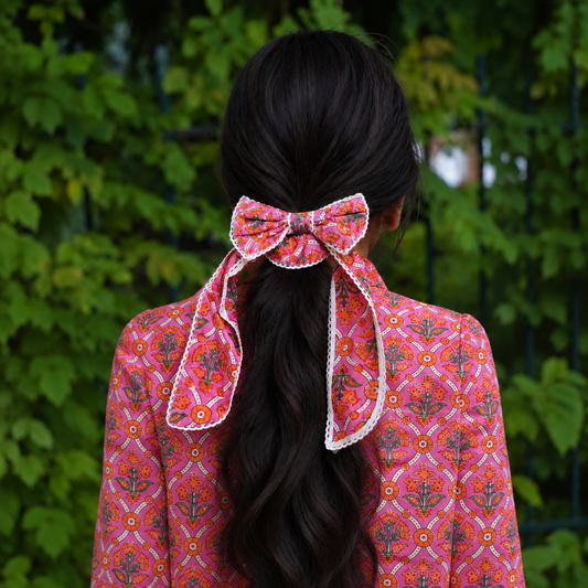 Rani Bow Scrunchie in Pink Trellis
