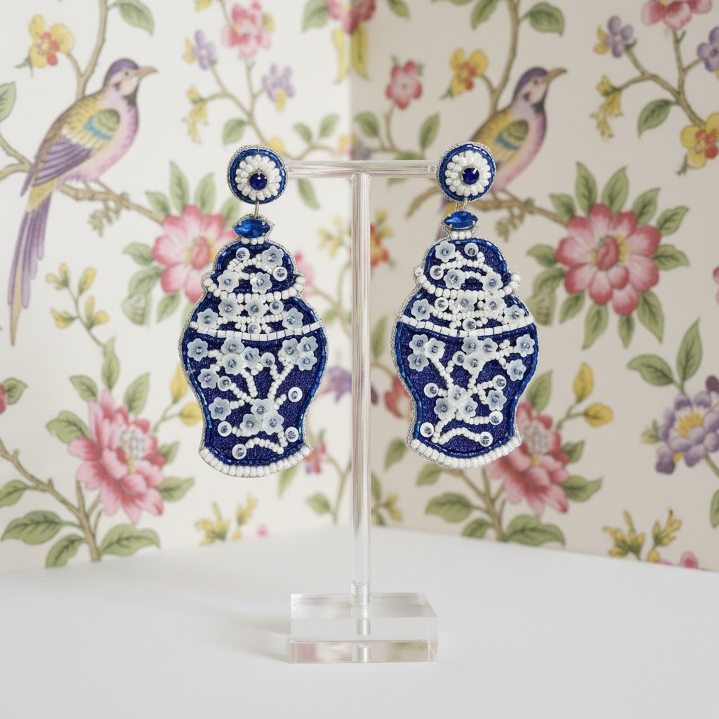 Chinoiserie Ginger Jar Beaded Earrings