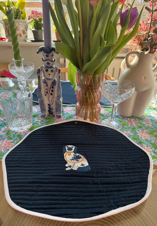 Sample Embroidered Round Quilted Staffordshire Dog Round Placemat - 1 LEFT