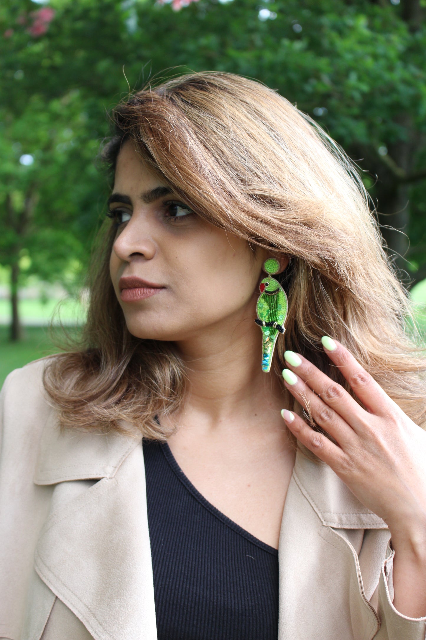 Green Parakeet Beaded Earrings