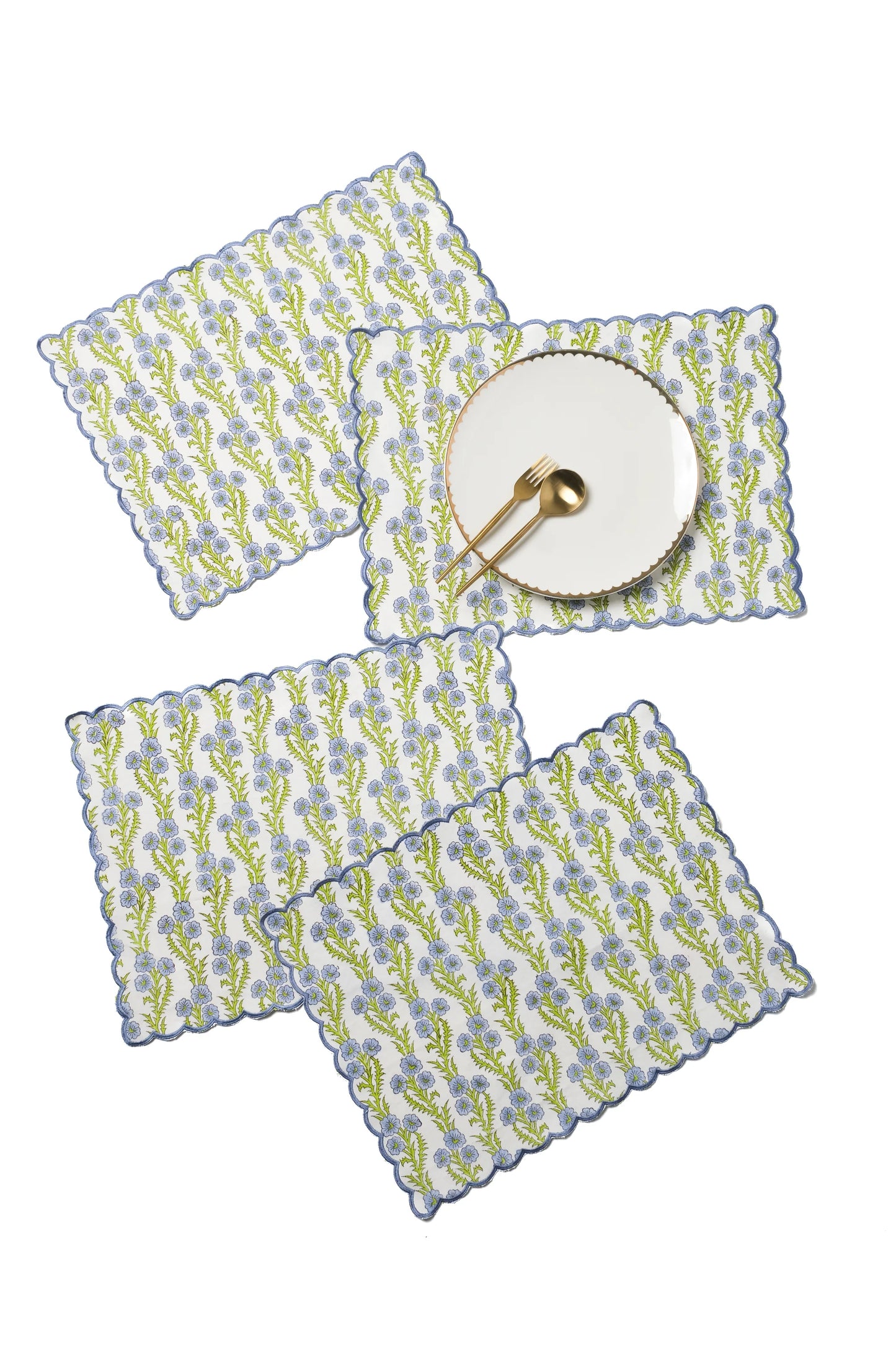 [PRE-ORDER] Forget-Me-Not Scallop Embroidered Blockprint Placemat - LAST FEW!