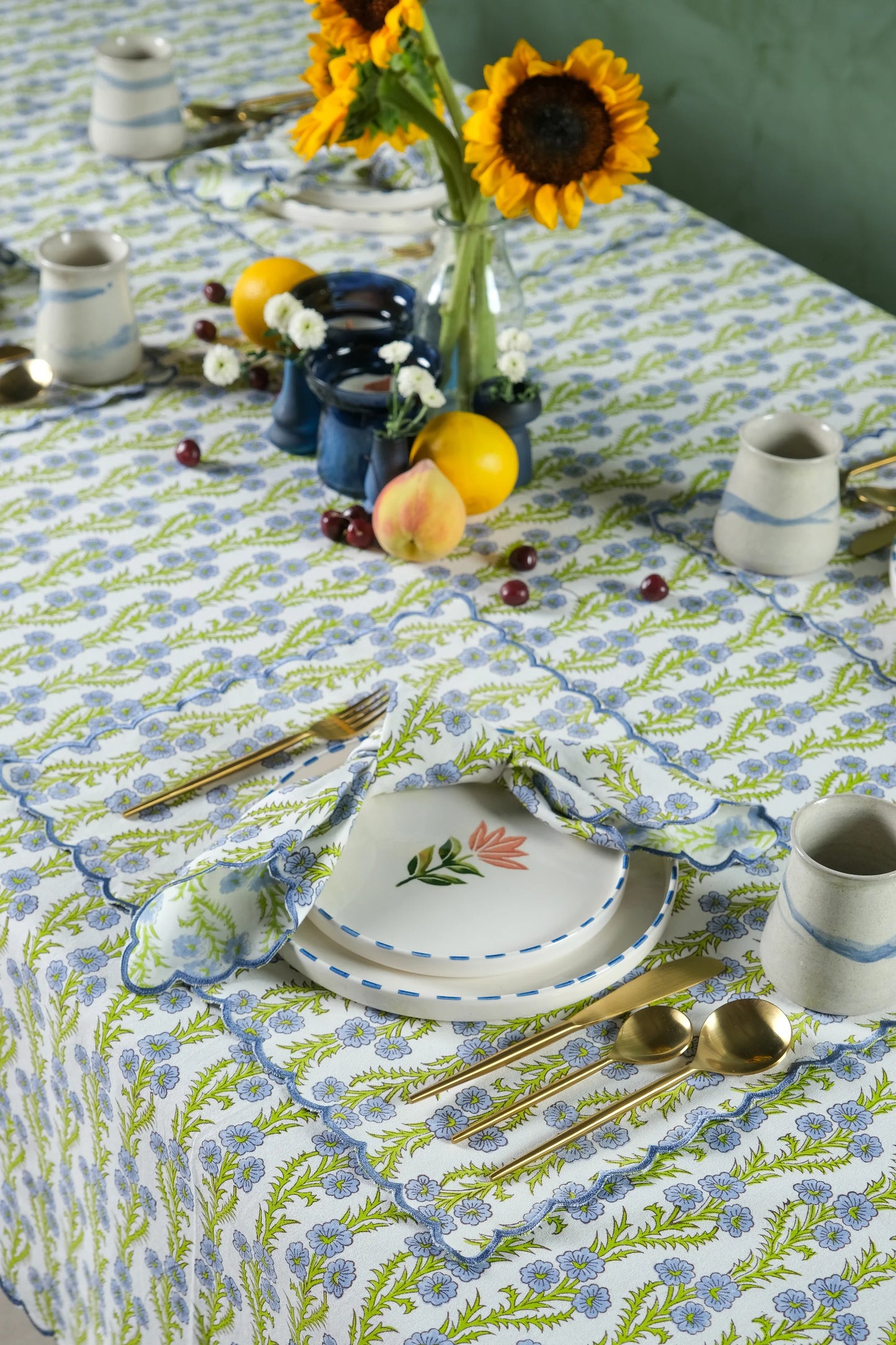 [PRE-ORDER] Forget-Me-Not Scallop Embroidered Blockprint Placemat - LAST FEW!