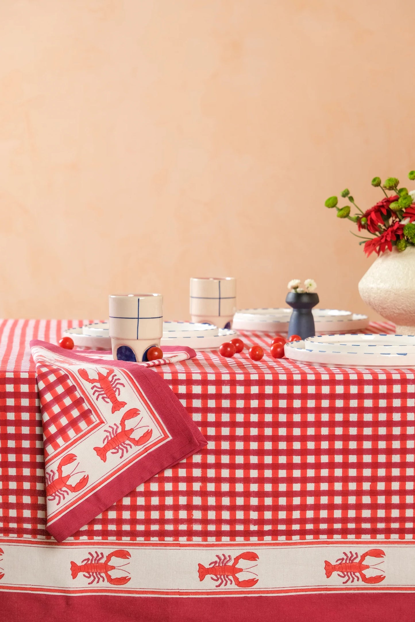 [PRE-ORDER] Lobster Red Gingham Blockprint Tablecloth - LAST ONE!