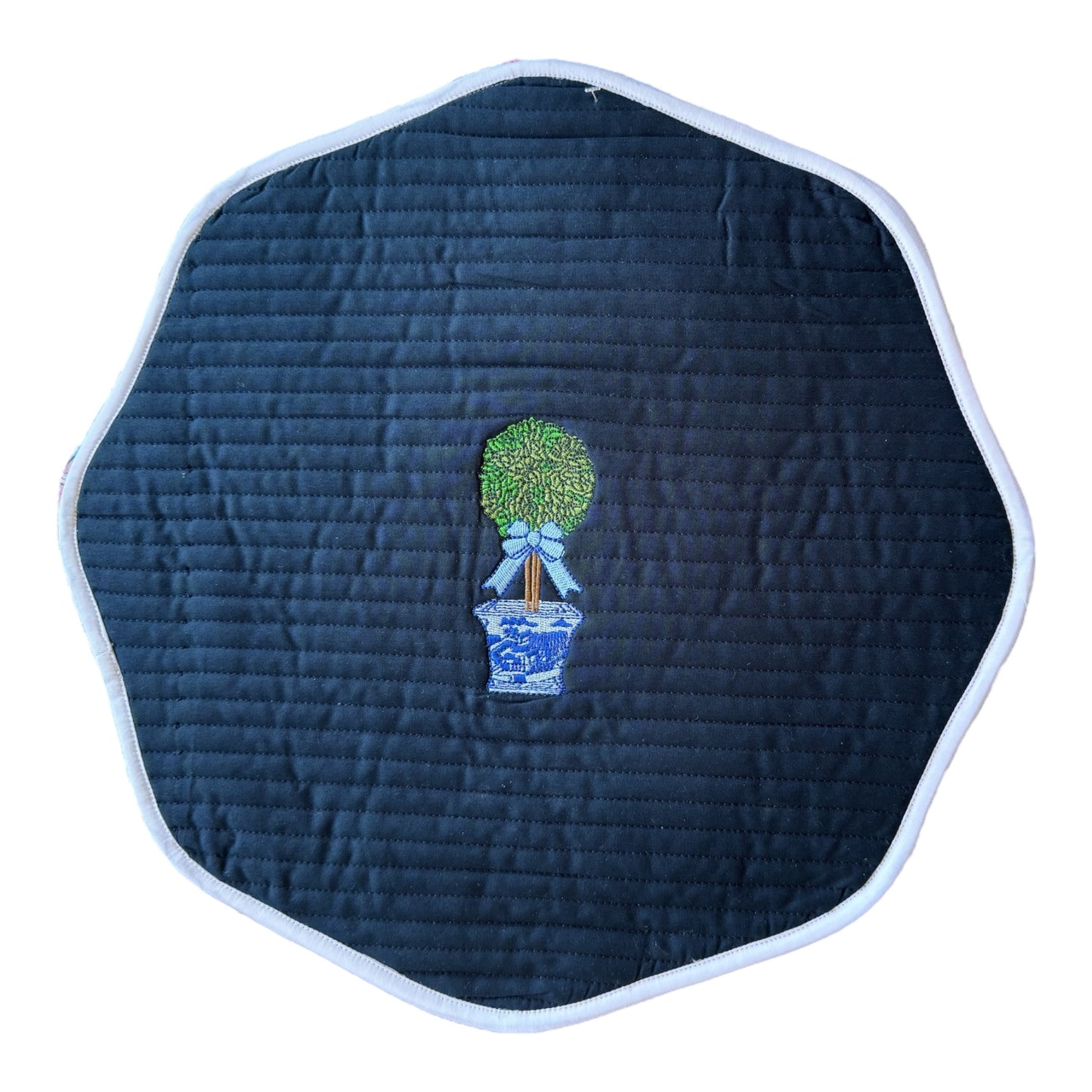 Sample Embroidered Round Quilted Chinoiserie Topiary Placemat - 1 LEFT