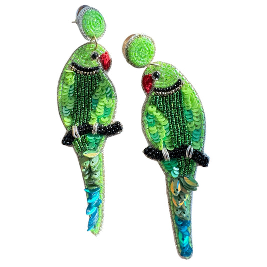 Green Parakeet Beaded Earrings