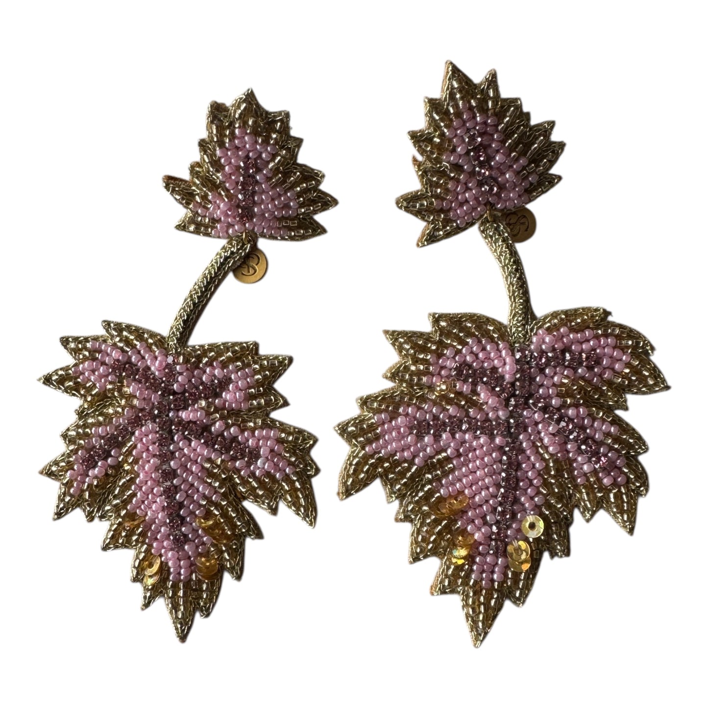 Beaded Pink & Gold Leaf Earrings - LAST ONE!