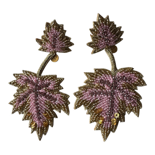 Beaded Pink & Gold Leaf Earrings