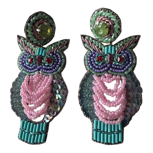 Beaded Pink & Blue Owl Earrings