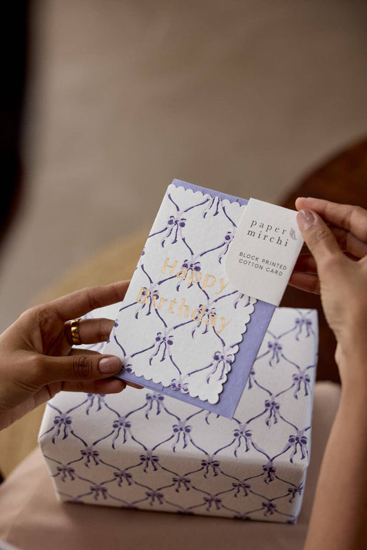 [PRE-ORDER] Block Printed "Happy Birthday" Bow Card - Bows Violet Meringue