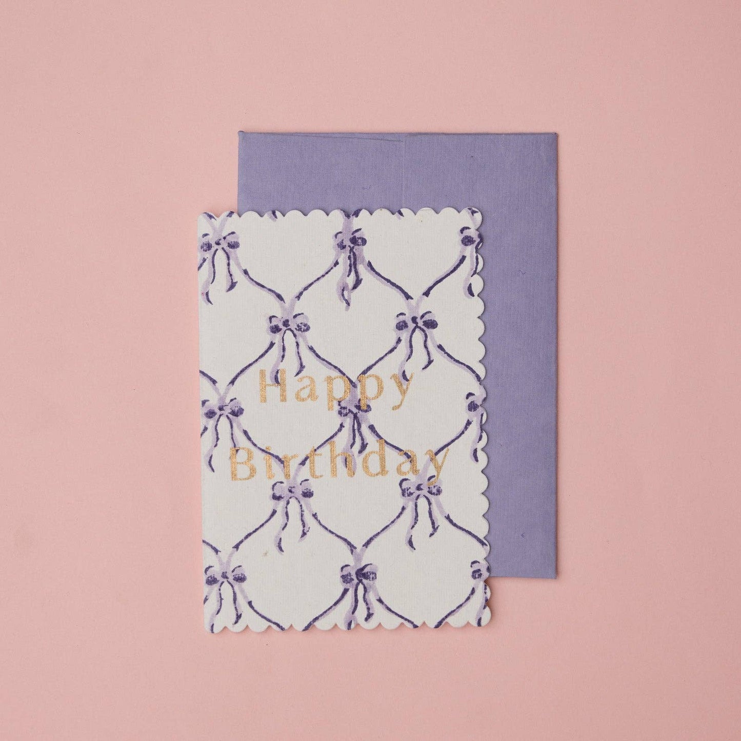 Block Printed "Happy Birthday" Bow Card - Bows Violet Meringue