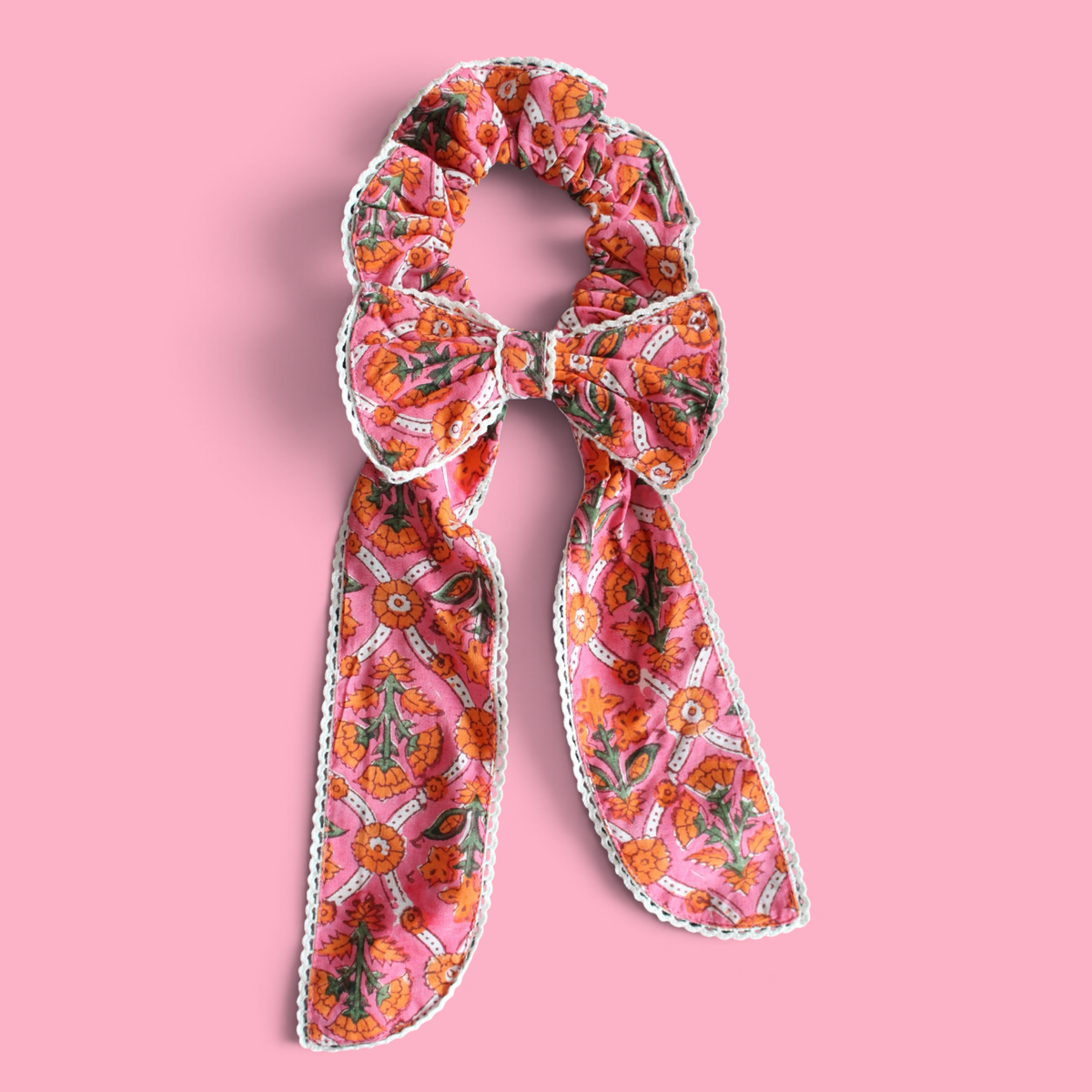 Rani Bow Scrunchie in Pink Trellis